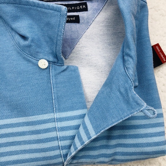 Y2K Tommy Hilfiger Polo Shirt Mens LARGE Blue Colorblock Stripe Flag Loop Collar - Picture 7 of 16